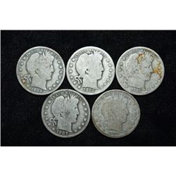 Lot of 5 Barber Half Dollars, 1906, 1912, 1908, 1911,