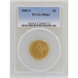 1885-S $5 Liberty Head Half Eagle Gold Coin PCGS MS62