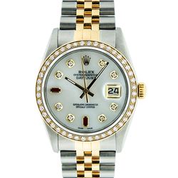 Rolex Mens 2 Tone 14K Mother Of Pearl Diamond 36MM Datejust Wristwatch