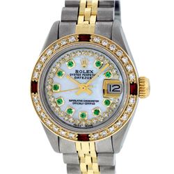 Rolex Ladies 2 Tone 14K MOP Emerald & Ruby  Datejust Wriswatch