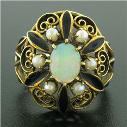 14k Yellow Gold Opal Pearl Black Enamel Large Dome Ladies Cocktail Ring