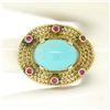 Image 8 : 18k Yellow Gold 5.3 ctw Persian Turquoise & Ruby Wavy Halo Ring