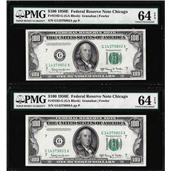 (2) Consecutive 1950E $100 Federal Reserve Notes Chicago PMG Choice Uncirculated 64EPQ