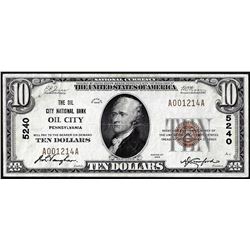 1929 $10 City National Bank of Oil City, Pennsylvania CH# 5240 National Currency Note