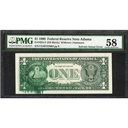 1999 $1 Federal Reserve Note Solvent Smear ERROR PMG About Uncirculated 58