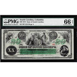 1872 $20 State of South Carolina Obsolete Note PMG Gem Unc. 66EPQ Low Serial Number