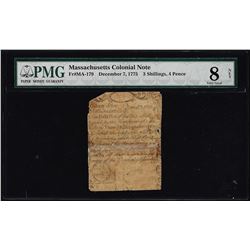December 7, 1775 Massachusetts 3 Shillings 4 Pence Colonial Note PMG Very Good 8 Net