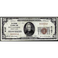 1929 $20 Bank of Kittanning, Pennsylvania CH# 6127 National Currency Note