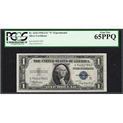 1935A $1 Silver Certificate Experimental "S" Note Fr.1610 PCGS Gem New 65PPQ