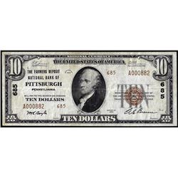 1929 Type 2 $10 NB of Pittsburgh, Pennsylvania CH# 685 National Currency Note