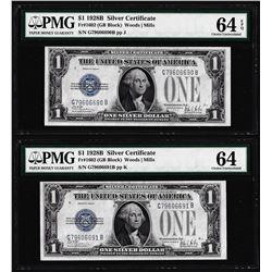 (2) Consecutive 1928B $1 Silver Certificate Notes Fr.1602 PMG Choice Uncirculated 64EPQ