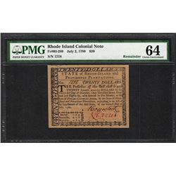 July 2, 1780 $20 Rhode Island Colonial Currency Note Fr.RI-289 PMG Uncirculated 64