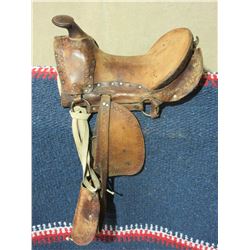 Unmarked Kids Saddle- All Original- 10.5" Seat- Tapaderos- Minor Damage on 1 Skirt