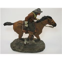 Signed Daniel Monfort Pony Express Rider- Resin- 83- 13"H X 10.5" X 6"Base