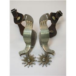 Unmarked Silver Overlaid Peacock Spurs- 1" Bands- 2" Shanks- 12 Point Sunbeam Rowels- Chap Guards- S