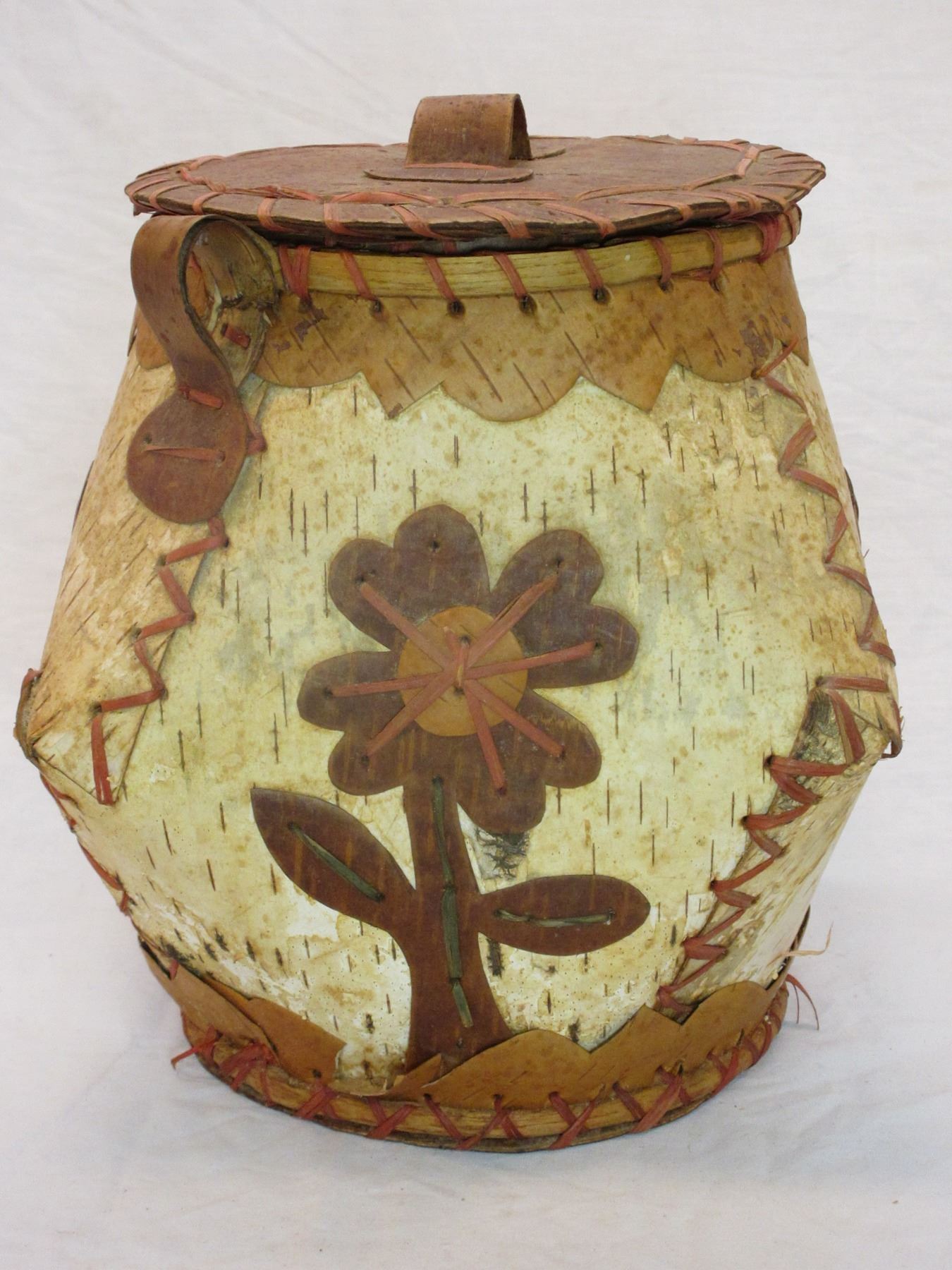 Ojibwa Birch Bark Basket With Lid 10"H X 10"W Broken Handle