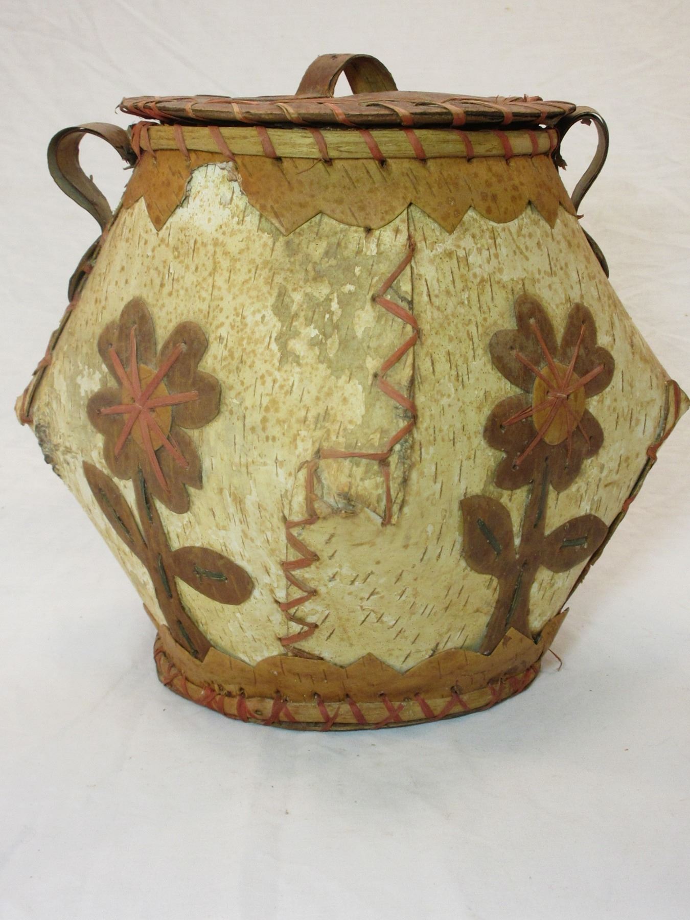 Ojibwa Birch Bark Basket With Lid 10"H X 10"W Broken Handle