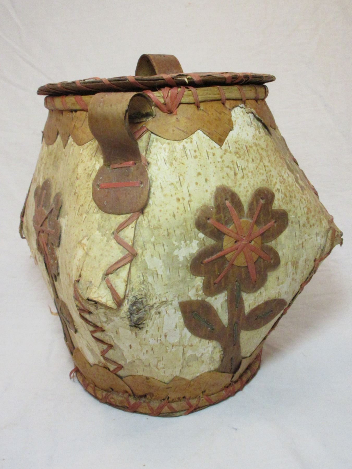 Ojibwa Birch Bark Basket With Lid 10"H X 10"W Broken Handle