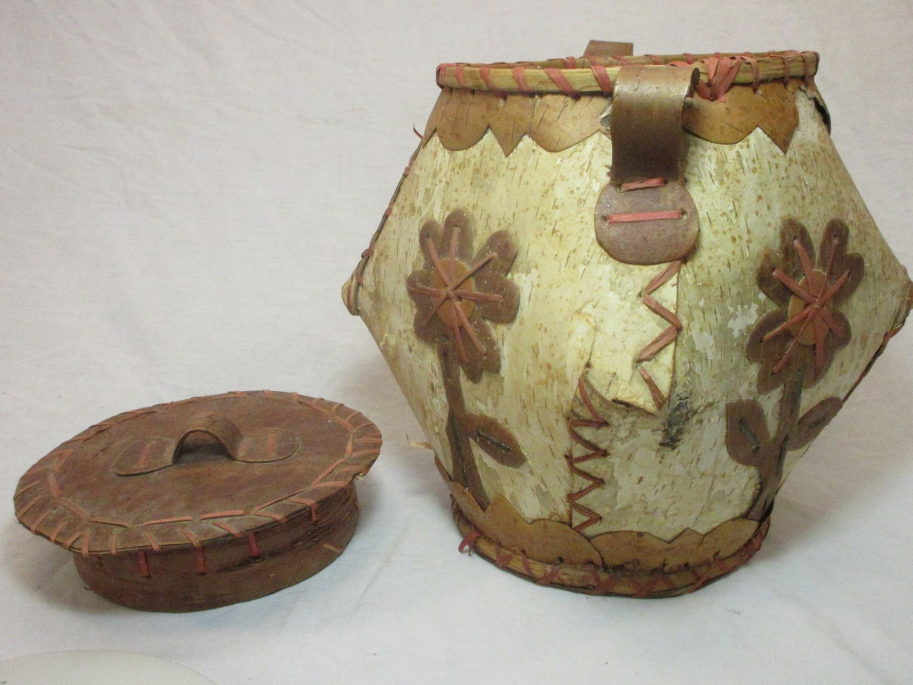 Ojibwa Birch Bark Basket With Lid 10"H X 10"W Broken Handle