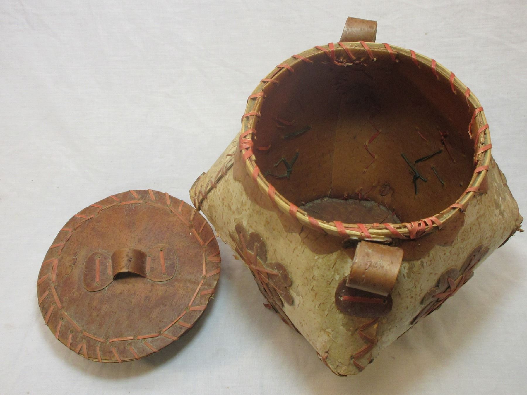 Ojibwa Birch Bark Basket With Lid 10"H X 10"W Broken Handle