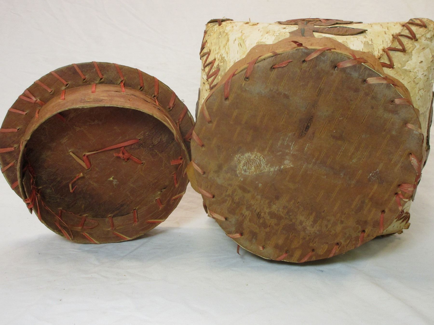 Ojibwa Birch Bark Basket With Lid 10"H X 10"W Broken Handle