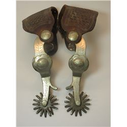 Marked Crockett Silver Overlaid Spurs- Frontier Pattern- 1.5" Bands- 2.25" Shanks- 16 Point Rowels