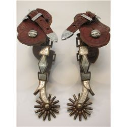 Marked Garcia Elko Nev Silver Inlaid Spurs- .5" Bands- 2.25" Shanks- 14 Point Rowels- Stamped Straps