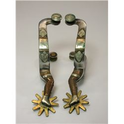 Unmarked Double Mounted Silver and Brass Overlaid Lady Legs Spurs- .5" Bands- 2" Shanks- 10 Point Ro
