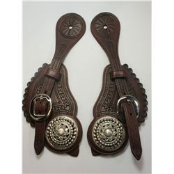 Marked F Schultz Tooled Spur Straps- Unmarked F Schultz Silver Filigree 2" Conchos