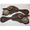 Image 2 : Marked F Schultz Tooled Spur Straps- Unmarked F Schultz Silver Filigree 2" Conchos