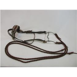 Unmarked Old Dotted Headstall- 4 Nickel Conchos- Engraved Curb Bit- Braided Leather Reins