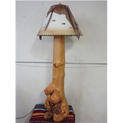 Burl Lamp- Indian Themed Shade with Leather and Horse Hair Drops- 64" H