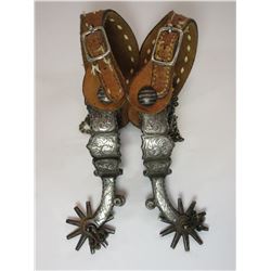 Marked Fleming Silver Inlaid Spurs- 1.2" Bands- 2.5" Shanks- 10 Point Rowels- Barrel Chap Guards