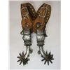 Image 1 : Marked Fleming Silver Inlaid Spurs- 1.2" Bands- 2.5" Shanks- 10 Point Rowels- Barrel Chap Guards