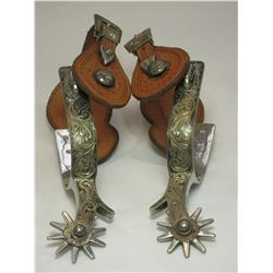 Unmarked Silver Overlaid Spurs- .75  Bands 2  Shanks- 10 Point Rowels- Chap Guards- Stainless- Stamp