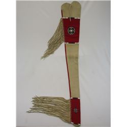 Contemporary Beaded and Fringed Native Scabbard- Cloth and Deer Antler- Flap- 45 L X 9  at Widest Pa