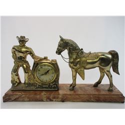 Horse and Cowboy Clock- Clock Works and is Marked United Self Starting- Plastic Base 20.5"L X 5"D X 