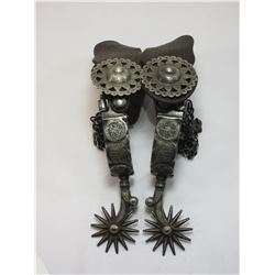 Unmarked GS Garcia Silver Inlaid Spurs- Dandy and Shield Pattern- 1" Bands- 2.5" Shanks- 14 Point En