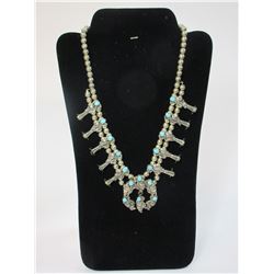 Marked Sterling 89 Squash Blossom Necklace- Turquoise and Sterling- 12"
