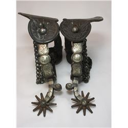 Unmarked Hernandez Silver Inlaid Spurs- Cowboy Good Luck Charm Engraved on Bands- Etched on Inside
