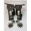Image 1 : Unmarked Hernandez Silver Inlaid Spurs- Cowboy Good Luck Charm Engraved on Bands- Etched on Inside