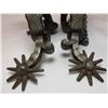 Image 2 : Unmarked Hernandez Silver Inlaid Spurs- Cowboy Good Luck Charm Engraved on Bands- Etched on Inside