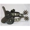 Image 3 : Unmarked Hernandez Silver Inlaid Spurs- Cowboy Good Luck Charm Engraved on Bands- Etched on Inside