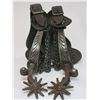 Image 8 : Unmarked Hernandez Silver Inlaid Spurs- Cowboy Good Luck Charm Engraved on Bands- Etched on Inside