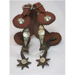 Marked Walt Rambo Austin TX Silver Overlaid Double Mounted Bottle Opener Spurs- .75" Bands- 2" Shank