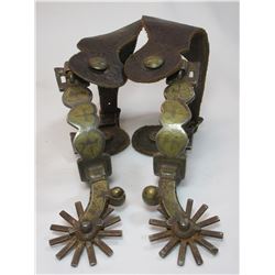 Marked Visalia Saddle Co SF Cal Brass Inlaid Spurs- Heart Pattern- 1" Bands- 2.5" Shanks- 12 Point R