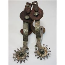 Marked Fleming Silver Overlaid Spurs- ..75" Bands- 2" Shanks- 14 Point Rowels With Covers- Chap Guar