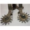 Image 2 : Marked Fleming Silver Overlaid Spurs- ..75" Bands- 2" Shanks- 14 Point Rowels With Covers- Chap Guar
