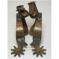 Marked Kelly Copper Overlaid Spurs- 1" Bands at the Widest- 2" Shanks- 9 Point Rowels- Straps- Rate 