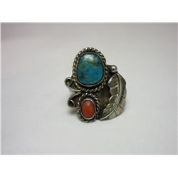 Unmarked Sterling, Turquoise and Coral Ring- Size 6.5